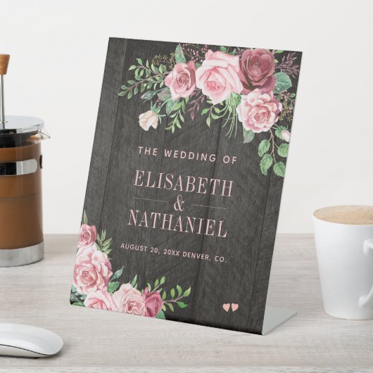Roze rozen tuin bruiloft schuur hout welkomstbord reclamebord met voetstuk (Insitu)