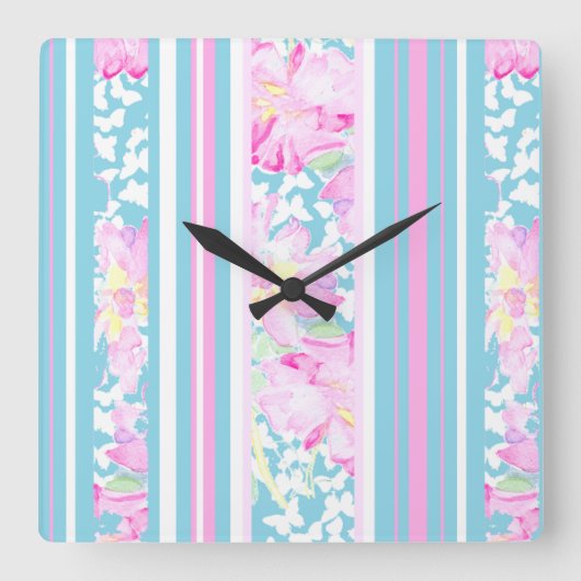 Roze rozen, turquoise strepen: vierkante wandklok (Voorkant)