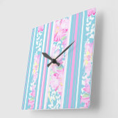 Roze rozen, turquoise strepen: vierkante wandklok (Hoek)