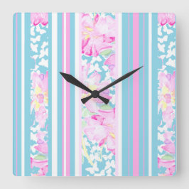 Roze rozen, turquoise strepen: vierkante wandklok