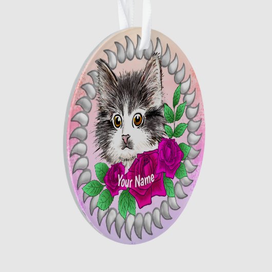 Roze rozen Tuxedo Cat Ornament (voorkant)