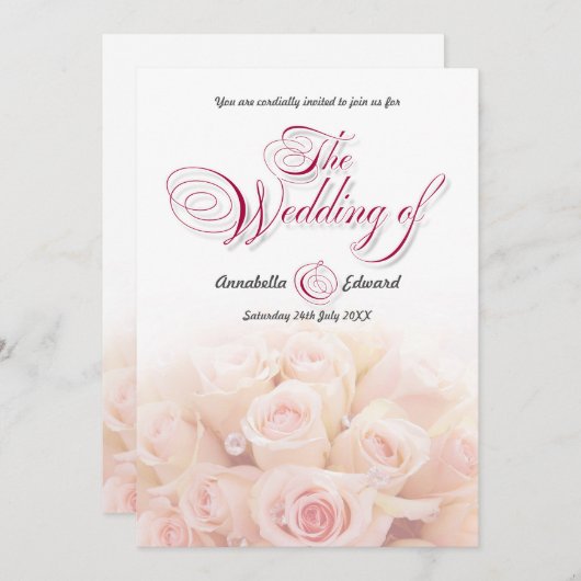 Roze Rozen Tweekantige Trouw Uitnodiging (Voorkant / Achterkant)