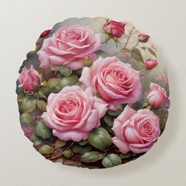Roze Rozen uit Grootmoeders Tijd Rond Kussen (Voorkant)