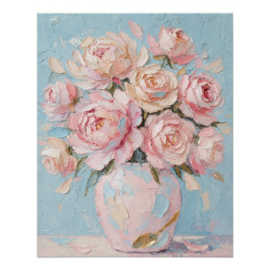 Roze rozen vaas Impasto olieverfschilderij kunst Perfect Poster