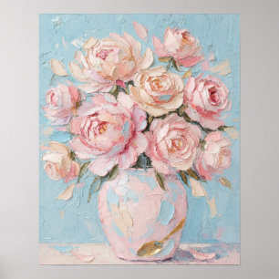 Roze rozen vaas Impasto olieverfschilderij kunst Poster