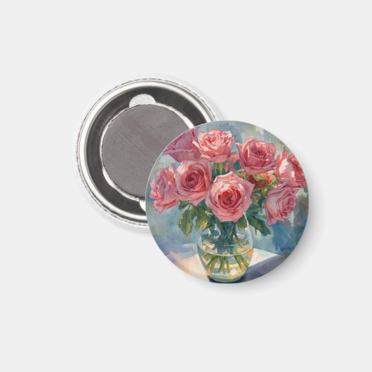 Roze rozen vaas magneet (Voorkant / Achterkant)