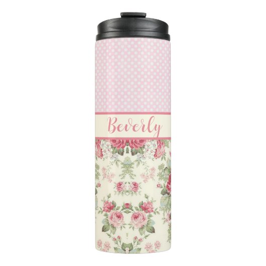 Roze Rozen van Floral en roze en witte pooldots Thermosbeker (Voorkant)