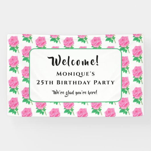 Roze Rozen Verjaardagsbanner Spandoek (Horizontaal)