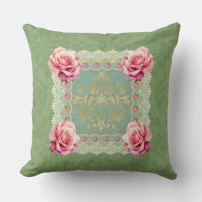  Roze Rozen Vervaagd Damask Design Kussen (Voorkant)