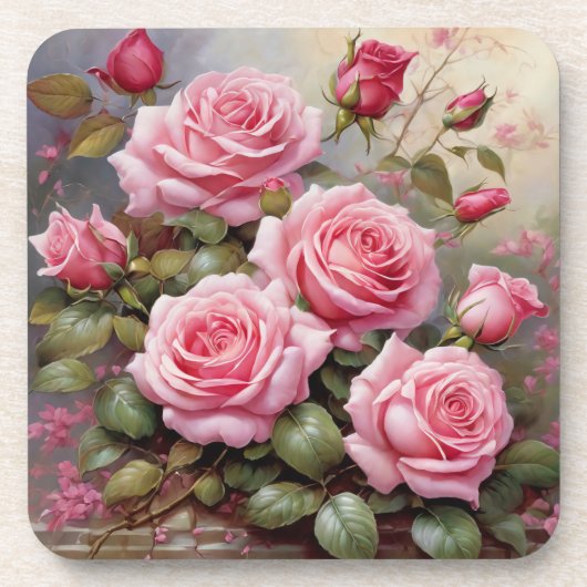 Roze Rozen Vintage Bier Onderzetter (Voorkant)