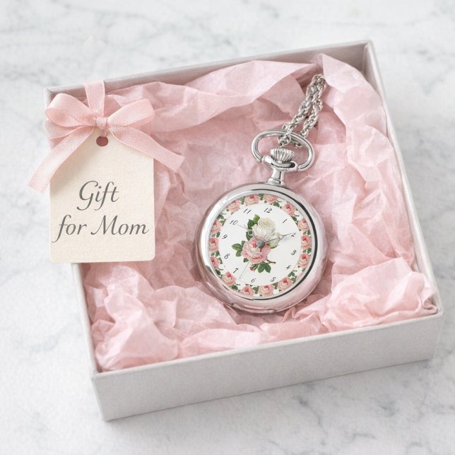 Roze Rozen Vintage Botanische eWatch Horloge (Silver floral locket watch in pink tissue gift box with tag, elegant birthday or Mother's Day gift.)