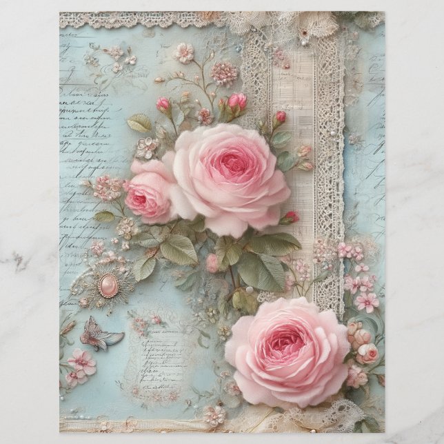 Roze Rozen Vintage Junk Journal Scrapboek Papier (Voorkant)