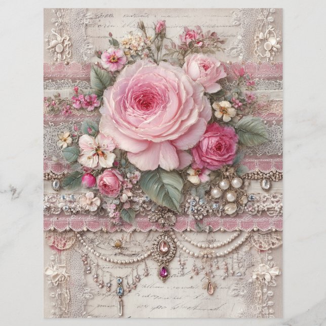 Roze Rozen Vintage Junk Journal Scrapboek Papier (Voorkant)