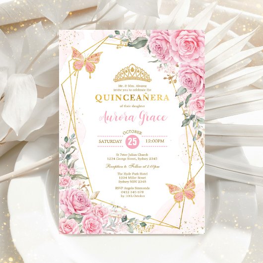 roze rozen vlinder quinceañera Gold geometrisch Kaart