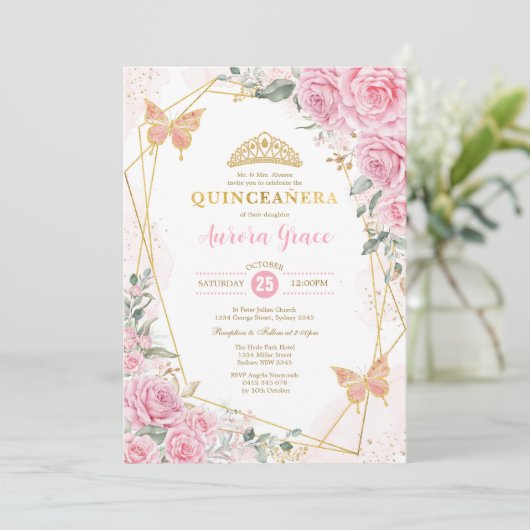 roze rozen vlinder quinceañera Gold geometrisch Kaart (Staand voorkant)