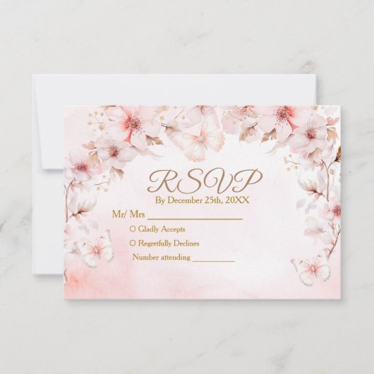 Roze Rozen Vlinder Quinceañera Kroon RSVP Kaart (Voorkant)