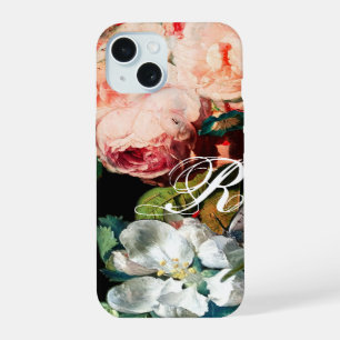 ROZE ROZEN,VLINDER,WITTE BLOEMEN FLORALE MONOGRAM iPhone 15 HOESJE