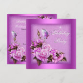 Roze rozen vlinderbloemenpartij kaart (Voorkant / Achterkant)