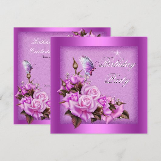 Roze rozen vlinderbloemenpartij kaart (Voorkant / Achterkant)