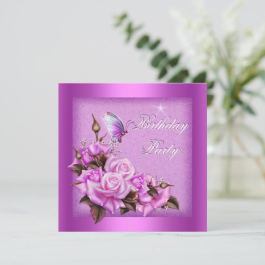 Roze rozen vlinderbloemenpartij kaart (Staand voorkant)