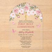 Roze Rozen Vlinders Bloemen Eerste Heilige Communi Acryl Uitnodigingen (Voorkant)