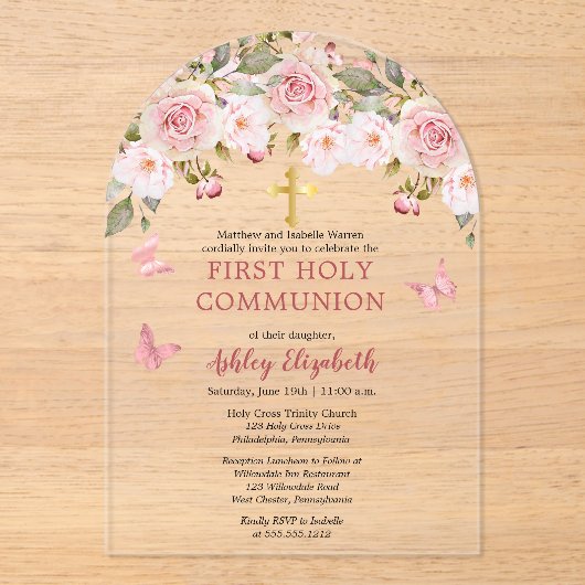 Roze Rozen Vlinders Bloemen Eerste Heilige Communi Acryl Uitnodigingen (Voorkant)