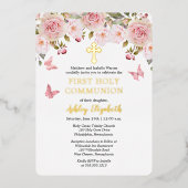 Roze Rozen Vlinders Bloemen Eerste Heilige Communi Folie Uitnodiging (Voorkant)