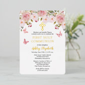 Roze Rozen Vlinders Bloemen Eerste Heilige Communi Folie Uitnodiging (Staand Voorkant)
