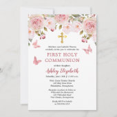 Roze Rozen Vlinders Bloemen Eerste Heilige Communi Kaart (Voorkant)