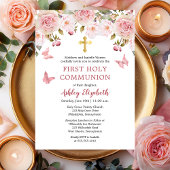 Roze Rozen Vlinders Bloemen Eerste Heilige Communi Kaart