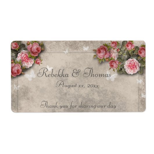 Roze Rozen & Vlinders Wijn/Waterflesetiket Etiket (Voorkant)