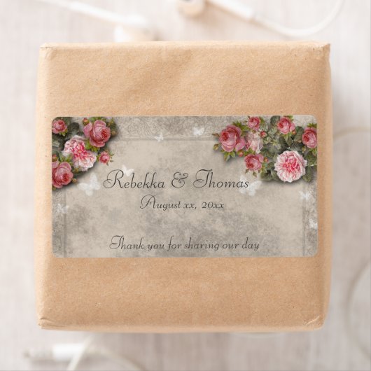 Roze rozen & vlinders wijn- / waterfleslabel etiket (Insitu)