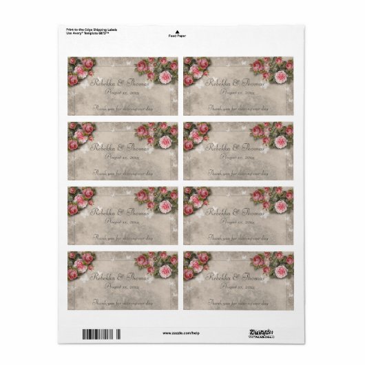 Roze rozen & vlinders wijn- / waterfleslabel etiket (Full Sheet)