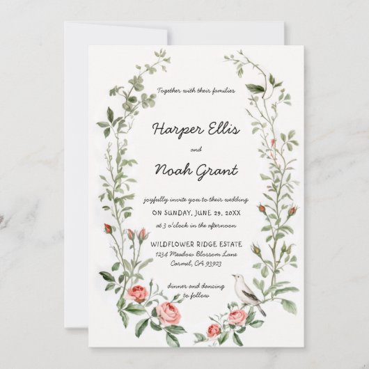 Roze Rozen Vogel Waterverf Handgeschreven bruiloft Kaart (Voorkant)