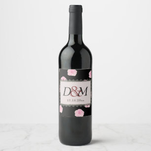 Roze Rozen voor kool en zwart lace-bruiloft Wijn Etiket