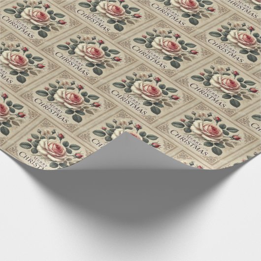 Roze Rozen Vrolijk Kerstfeest Cadeaupapier (Hoek)