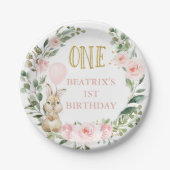Roze rozen wat konijn draaien een 1e verjaardag papieren bordje (Voorkant)