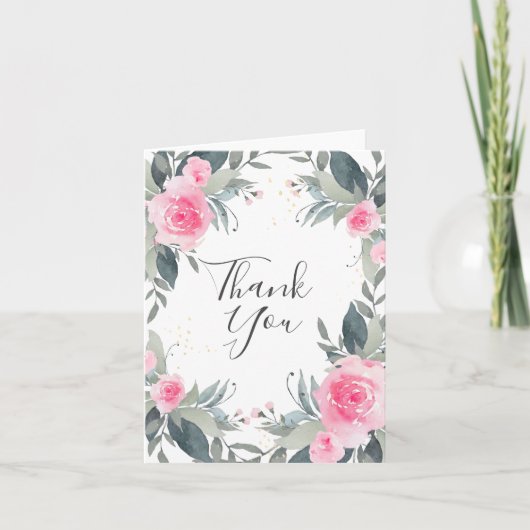 Roze Rozen Waterverf Bloem Dankkaart Bedankkaart (Voorkant)