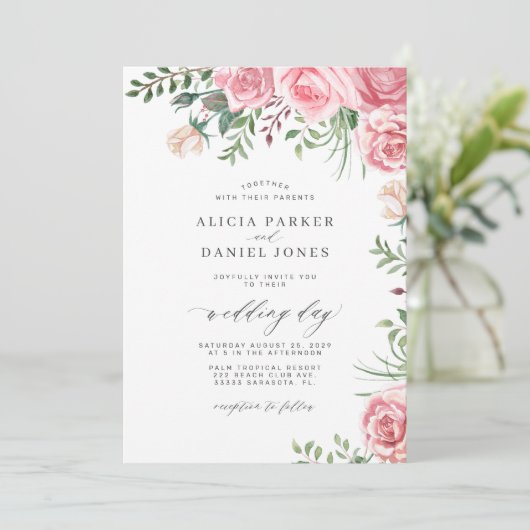 Roze rozen waterverf bloemenelegante bruiloft kaart (Staand voorkant)