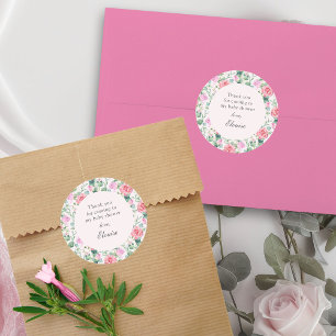 Roze Rozen Waterverf Bloementuin Baby shower Ronde Sticker