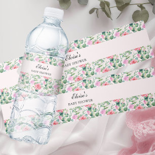 Roze rozen waterverf bloemige gepersonaliseerde waterfles etiket