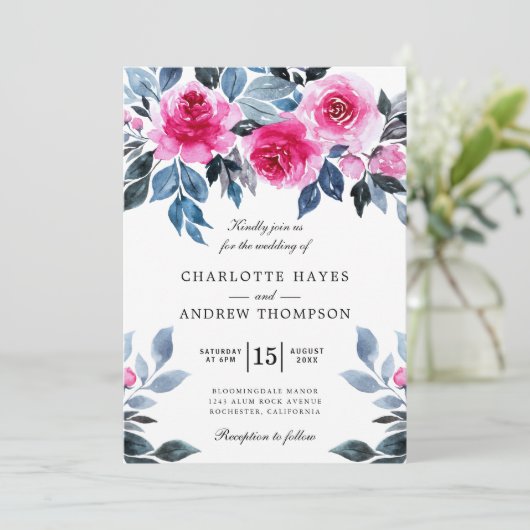 Roze Rozen Waterverf Botanische Bruiloft Kaart (Staand voorkant)