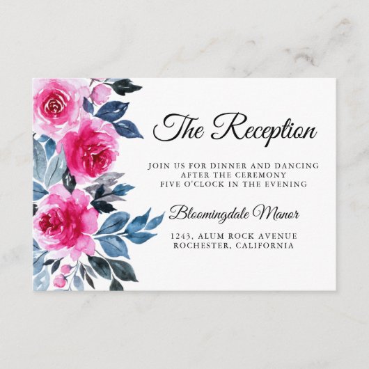 Roze Rozen Waterverf Botanische bruiloft receptie Informatiekaartje (Voorkant)