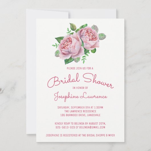 Roze Rozen Waterverf Bruidsdouche Uitnodigingen (Voorkant)