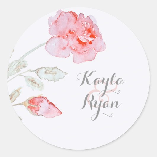 Roze Rozen Waterverf Bruiloft Ronde Sticker (Voorkant)