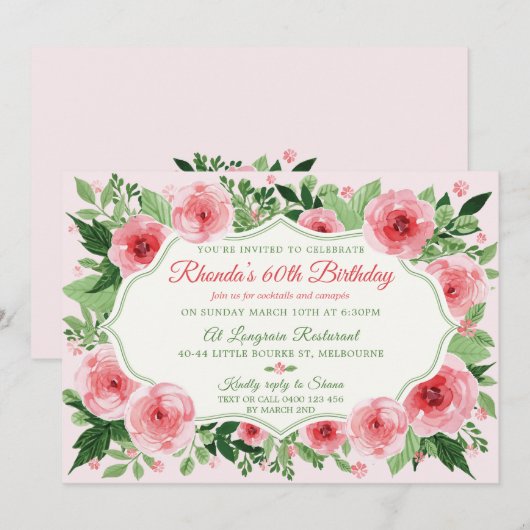 Roze Rozen Waterverf Dames 60e Verjaardag Kaart (Voorkant / Achterkant)