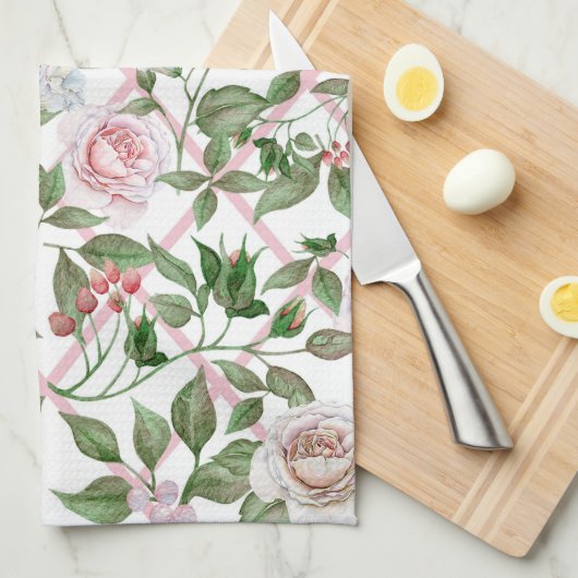 Roze rozen -  Waterverf Floral Theedoek (Quarter Fold)