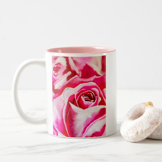 Roze rozen waterverf kunst tweekleurige koffiemok (Met donut)