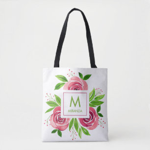 Roze rozen Waterverf Monogram op persoonlijke tite Tote Bag