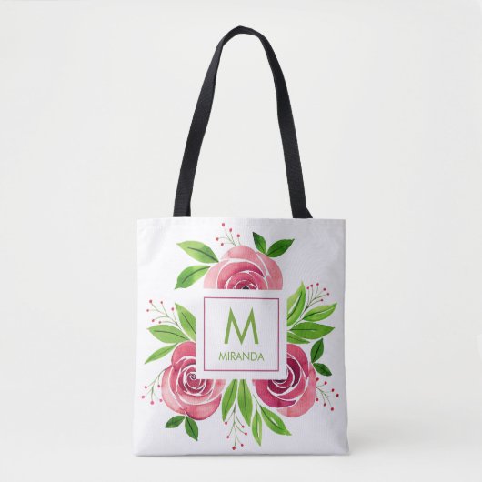 Roze rozen Waterverf Monogram op persoonlijke tite Tote Bag (Voorkant)